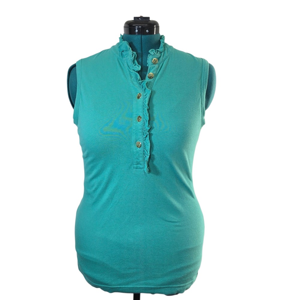 Tory Burch Sleeveless Top Ruffle Trim Gold Button‎ Teal Green Blouse